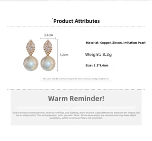 Macro detail of geometric pearl earrings with zircon inlay and product dimensions
