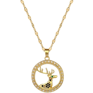Elegant gold titanium steel necklace with luxury crystal reindeer pendant and zircon circle