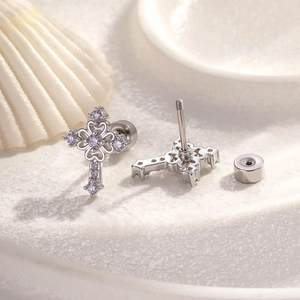 Micro-pave zircon lace cross earrings in silver finish with purple stones and screw back