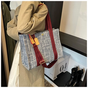 Close-up of blue and white woven denim tote bag with red striped shoulder strap worn by model