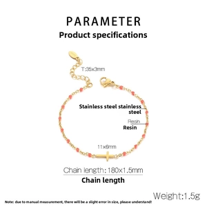 Technical specs of a gold stainless steel cross bracelet with pink resin beads and dimensions