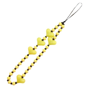 Handmade acrylic phone strap with yellow hearts and striped resin beads on white background