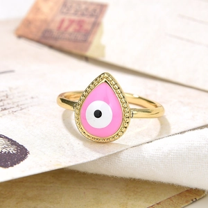 Pink evil eye adjustable open ring with gold metal water drop design for women