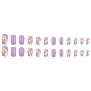 Light purple marble pattern press-on nails set in square-oval shape with glossy finish