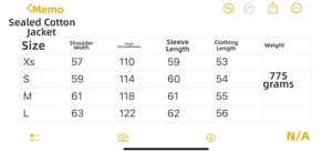 Detailed size chart for women's slim puffer jacket including bust and length measurements
