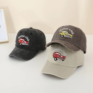 Detailed embroidery of vintage motor club car on washed cotton baseball caps for kids