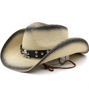 Chapeau De Cowboy En Paille Dégradé Papier Tressé Protection Solaire Large Bord Plage Punk Crâne Rivet Unisexe