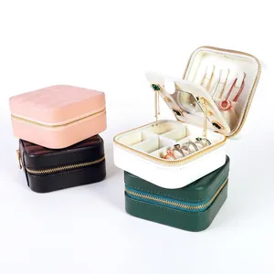 Portable Jewelry Box Organizer Quilted PU Leather Travel Case With Mirror For Rings Earrings Necklaces Zippered Small Storage