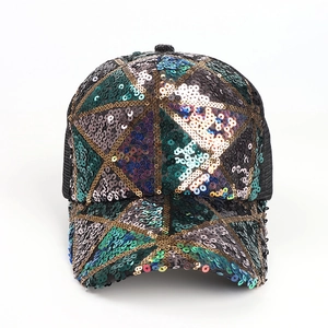 Detail of colorful geometric sequins on black breathable mesh snapback baseball cap