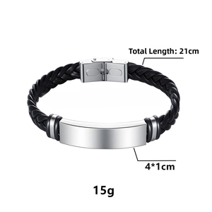 Detail of black braided leather bracelet with silver metal plate, 21cm total length