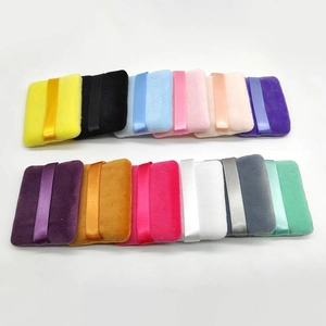 Square double-sided flocked makeup puffs with satin ribbons in various colors