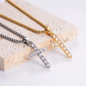 Gold and silver stainless steel cross necklaces with micro-pave cubic zirconia stones