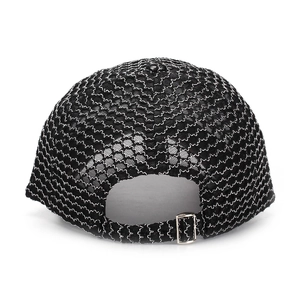 Detail of adjustable silver buckle on black lace mesh baseball cap with wave stitching