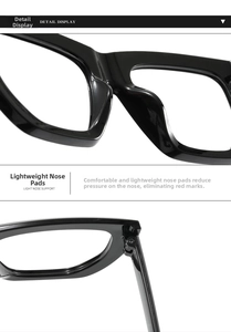 Detail of lightweight nose pads and hinges on retro black anti-blue light glasses frame