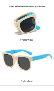 Detailed view of folding kids sunglasses with cream frame and grey lenses for easy storage