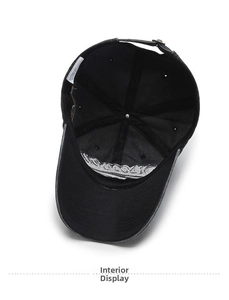 Internal view of black vintage washed cotton baseball cap with labels and stitching