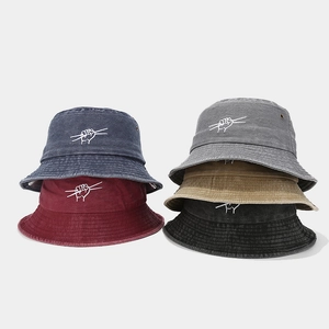 Vintage washed cotton bucket hats with drum gesture embroidery in five diverse colors