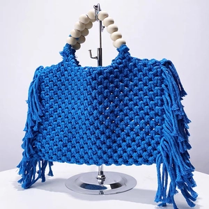 Bohemian Hand Woven Cotton Macrame Handbag With Wooden Beads Handle And Tassel Fringe Vacation Mini Phone Bag