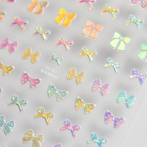 Macro view of aurora butterfly bow nail stickers with iridescent finish model ta-363