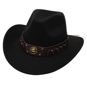 Western Cowboy Hat Retro Felt Fedora With Rivet Leather Band And Horseshoe Badge Wide Brim Jazz Hat For Men Women