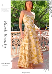Close-up of vintage floral print and backless detail on a beige maxi sundress