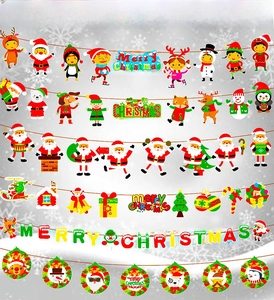 Close-up of various Christmas banner sets featuring cartoon Santa and reindeer decorations