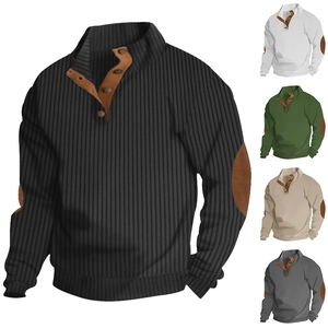 Men's vintage stand collar long sleeve knit sweater with textured fabric and leather patches