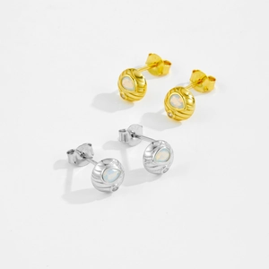 Minimalist S925 sterling silver heart stud earrings with water drop opal in gold and silver