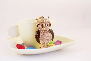 Détail du porte-clés hibou avec strass et émail noir sur une assiette blanche