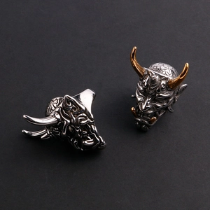 Gothic Hannya mask ring in stainless steel showing silver and gold horn color options