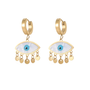 Golden titanium steel hoop earrings featuring blue evil eye charms and coin tassel fringe
