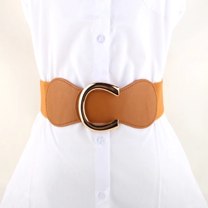 Vintage C-Shape Metal Buckle Elastic Waist Belt For Women Artificial Leather Wide Waist Seal For Dress Shirt Adjustable Belt