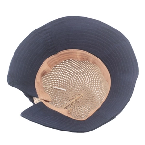 Detail of navy blue sun hat showing breathable mesh lining and khaki sweatband