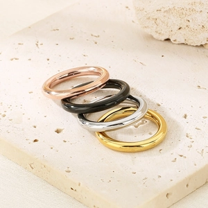 Detail view of four-color 18k gold plated stainless steel rings on a stone display