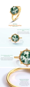 Macro shot of S925 silver ring with green moss agate and polished gold plating