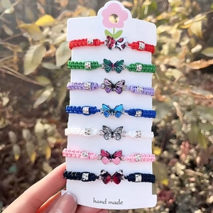 Butterfly Pendant Handmade Woven Rope Bracelet Adjustable Enamel Alloy Rhinestone Fashion Jewelry For Men Women Couple