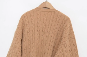 Detail of camel cable-knit sweater back featuring thick wool texture and round neck