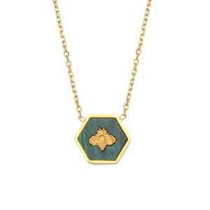 Collier en acier doré avec pendentif abeille hexagonale et texture malachite verte
