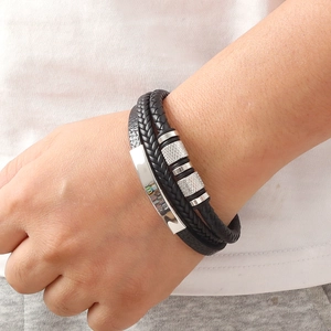 Men's multilayer braided black leather bracelet with silver metal magnetic clasp on wrist