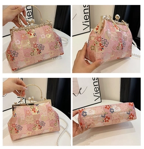 Detailed views of pink floral embroidery silk evening bag with pearl handle and metal frame