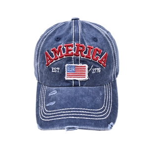 Retro America embroidery baseball cap in washed navy denim with USA flag patch