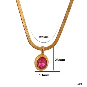 Flat snake chain necklace specs with pink oval zircon pendant dimensions and weight info