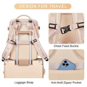 Travel backpack detail with luggage strap, chest buckle and anti-theft zipper pocket