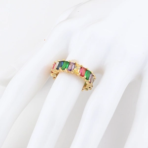 Bohemian gold plated rainbow ring with multi-color rectangular zirconia stones