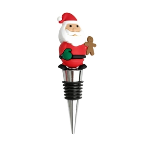 Close-up of Santa Claus wine stopper with gingerbread man detail and metal cone