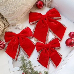 Three-piece red velvet Christmas bows set with silver glitter edges for tree decoration
