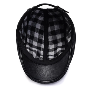 Men's winter faux leather flat cap with adjustable strap and plaid lining