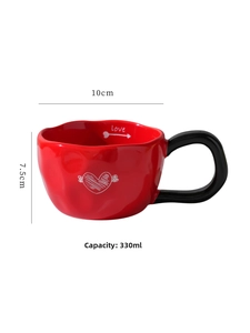 Detailed size view of red heart ceramic mug with 330ml capacity and black handle
