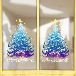 Dettaglio dell'adesivo natalizio per finestre con albero, stelle e testo d'auguri