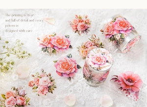 Detail view of rose PET floral tape with peach flower cut-outs on lace background